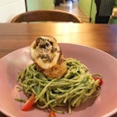 Pasta pesto with grilled chicken (more of grilled chicken cordon bleu), although the pesto isn’t very herby and much more parm-y, it’s actually fine since the spice from the grilled chicken might clash with the strong herb from pesto.