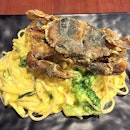 Salted Egg Soft Shell Crab ($16.90) - Imagine your favourite salted egg; thick, creamy savouriness, mixed with a pool spaghetti.