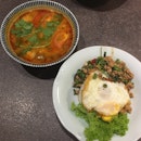 Basil Pork Rice And Tom Yum Red Soup