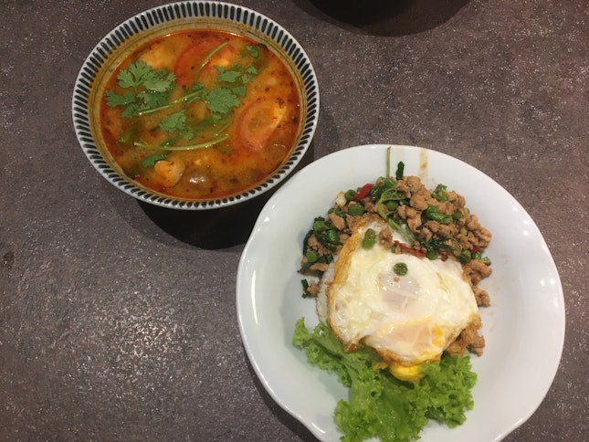 Basil Pork Rice And Tom Yum Red Soup