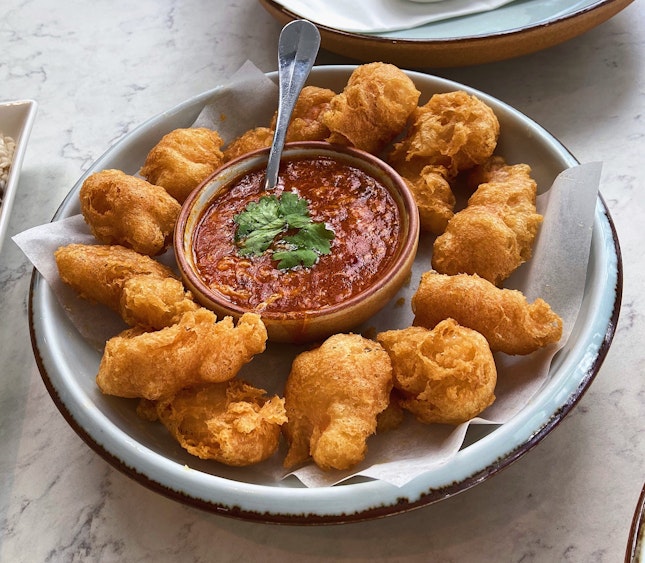 Crispy Prawn Fritters With Chilli Crab Dip ($22)