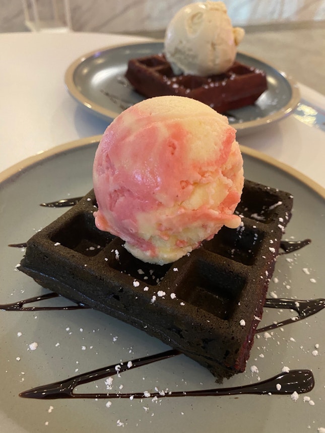 Raspberry Passionfruit Sorbet & Charcoal Waffles ($3.80 + $3.50)