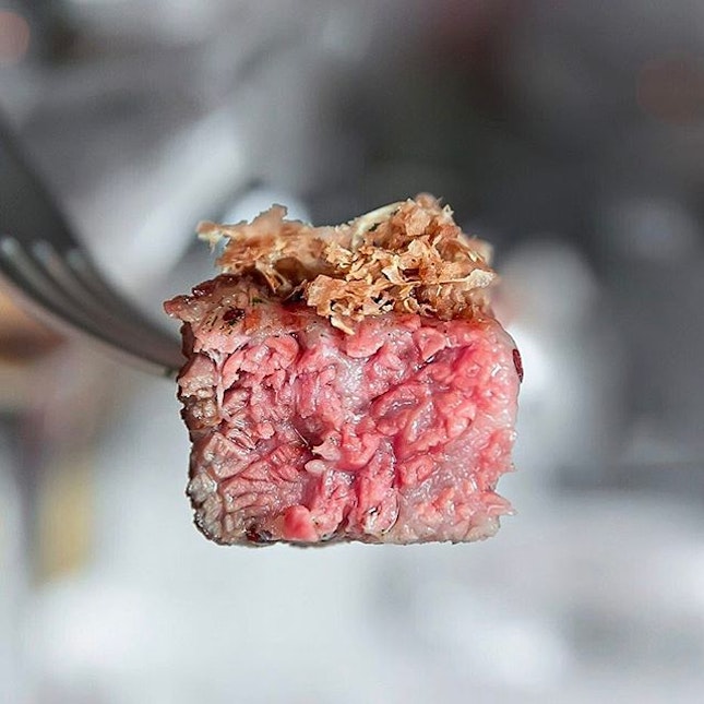 A delicious bite of the stone-baked wagyu and shaved Alba truffle.