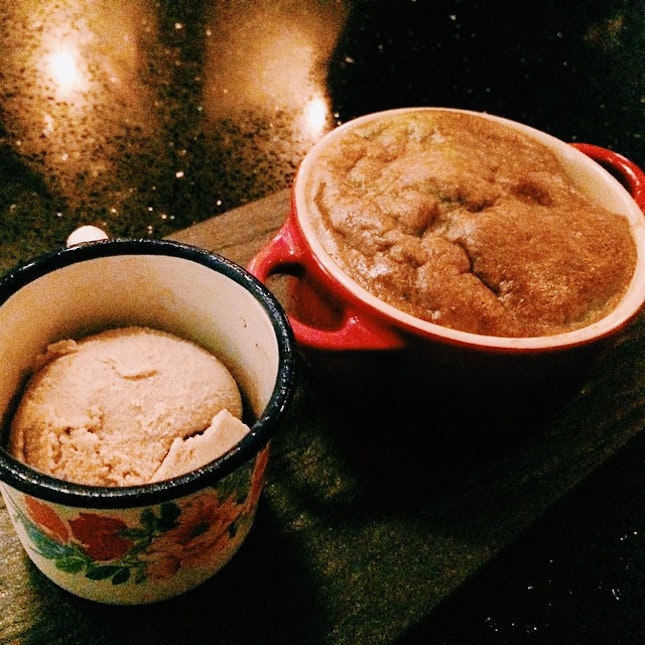 Kaya bread and butter pudding with homemade kaya, raisins and green tea ice cream.