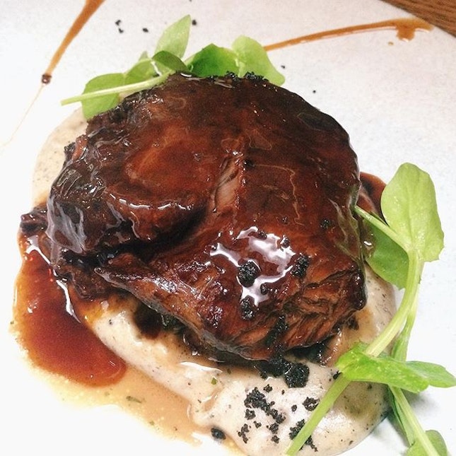 Braised beef cheek from Open Door Policy – black truffle mash, roasted mushroom, red wine jus.