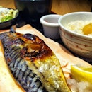 Japanese Grilled Saba (mackerel) with sweet, sticky chestnut rice, miso soup and salad