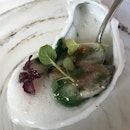 Oyster, sherry vinegar onion, crisp bacon, pickled cucumber, oyster foam [$10/piece, $18 for 2]