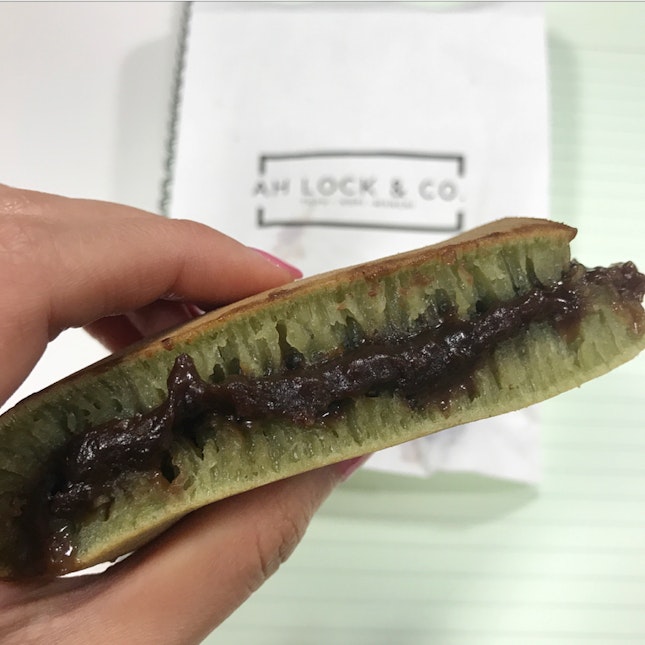 Traditional green tea pancake with red bean filling [$1.60]