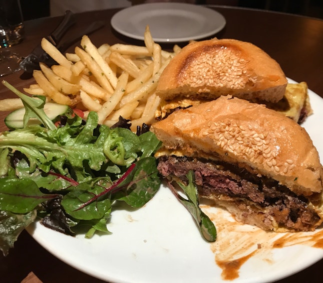 ‘EO’ ramly burger | wagyu beef, fried egg, smoked aioli, garlic fries [$23]