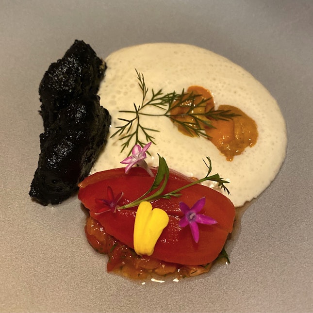 Course 1/4 From Chef’s Tasting Menu - Squid Ink & Orient Clam Tempura, Smoked Eel Emulsion, Amera Tomato, Sea Urchin [$108]