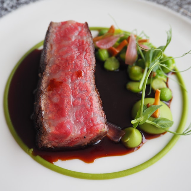 4 Course Lunch - Main Course: Beef, Omi beef, sweet bread, petit pois [$158] + Wine Pairing [$90] 