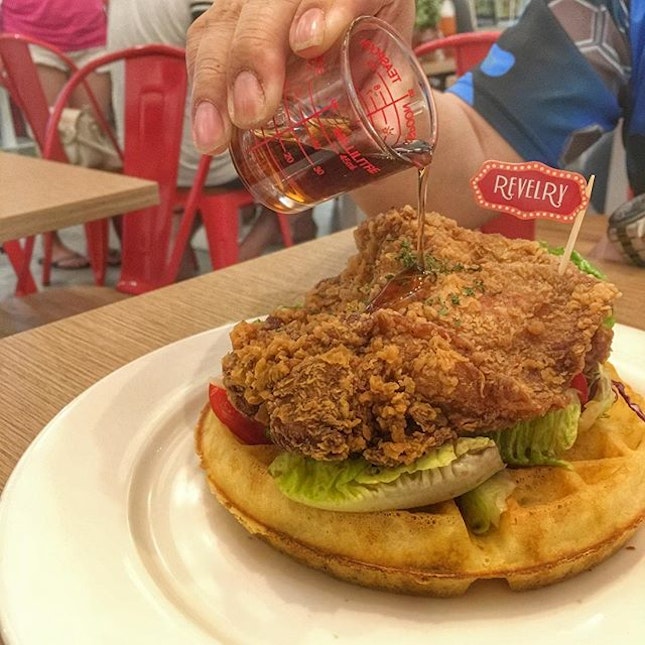 Chicken and waffles $17 
A thick, crispy and succulent chicken cutlet set above a crisp and light buttermilk waffle.