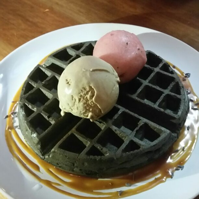 Charcoal Waffle With Ice Cream