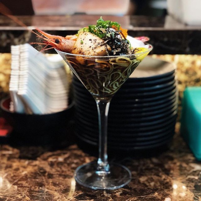 A different type of martini to kickstart the weekend - fresh, flame kissed pieces of swordfish belly, salmon belly, sweet shrimp, ikura, ebook, quail egg yolk, atop some cha soba and tsuyu.