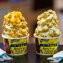 Sweetness overdose with their milk popcorn with ice cream + caramel and cheese popcorn with ice cream.