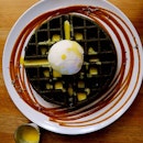 Charcoal Waffles X Hay & Honey ice-cream topped with salted egg sauce!