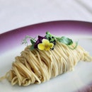 Chilled angel hair pasta with truffle oil and caviar.