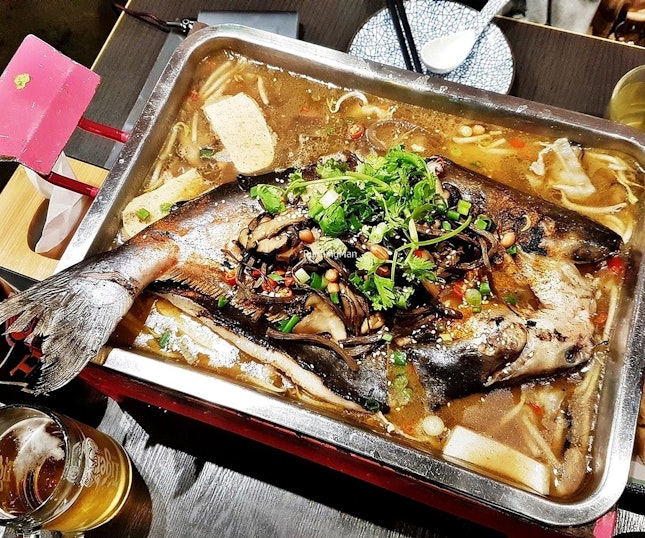 Grilled Patin In Mushroom Herb Broth, With Sliced Pork, Frozen Beancurd (SGD $50.60) @ Chong Qing Grilled Fish.