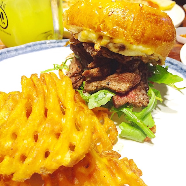 Wagyu Steak Burger With Bacon, Cheese, Onion Compote And Fries • $12.90 