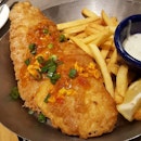 Singapore's Fish & Chips; Fish & Chips with Chill Crab Sauce.