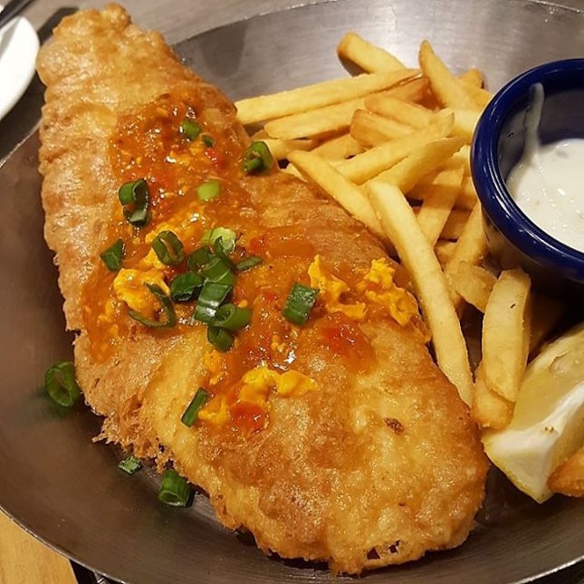 Singapore's Fish & Chips; Fish & Chips with Chill Crab Sauce.