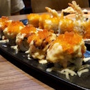 Haru Roll ($14.80++); Crabmeat, Omelette & Cucumber Roll topped with Aburi Cheese Salmon & Salmon Roe.
