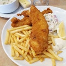 Set Lunch; Fish & Chips ($10.90+) Set includes soup, garlic bread and a drink.
