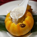 Double-Boiled Hasima with Almond Puree in Mini Pumpkin