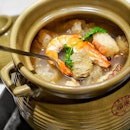 Double-boiled Seafood Soup with Abalone & Handmade Black Moss Meatballs in Claypot 鲍鱼发财肉丸海鲜汤