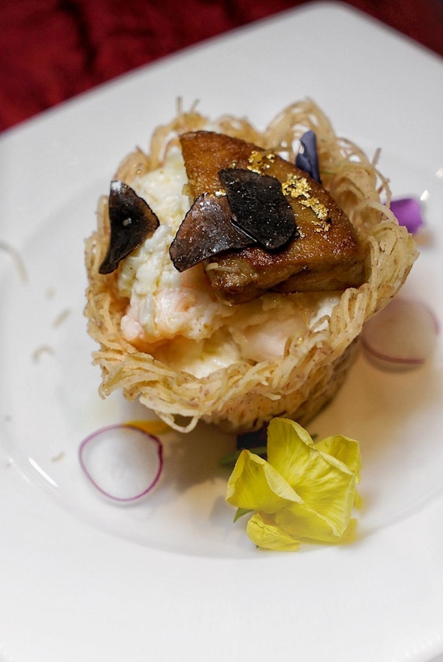 Sauteed Australian Lobster with Fresh Milk Egg White, Black Truffle in Puff Nest and Pan-Fried Foie Gras