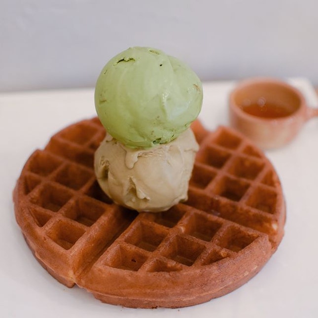 Waffle with single scoop [$8.50] + additional scoop [$2.50] / premium flavours [+$0.70 each] Served with a side of maple syrup, the waffles here are thick with a crisp exterior and a light, hollow interior.