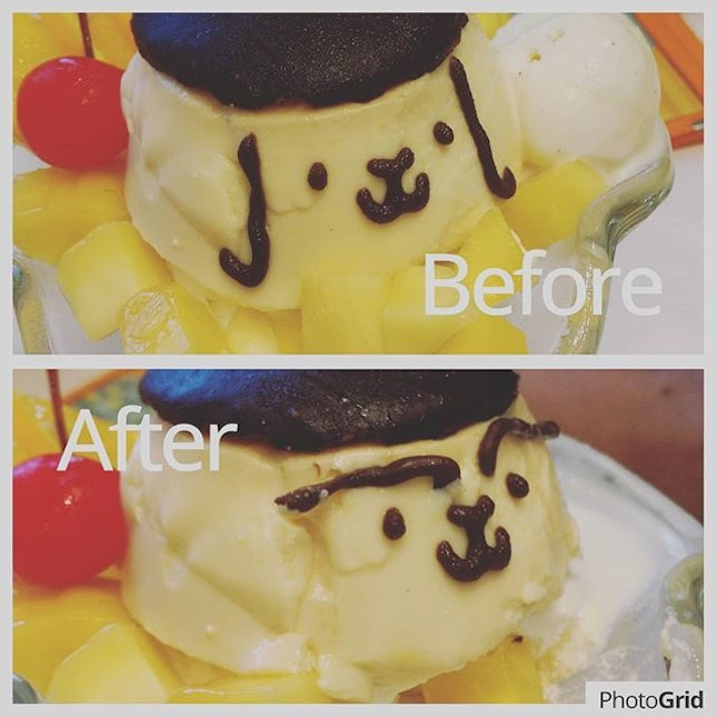 my husband hand itchy 😂 
nice dessert layered with pudding + fruits + vanilla & mango icecream + cheesecake #pompompurin #sgcafe #burpple