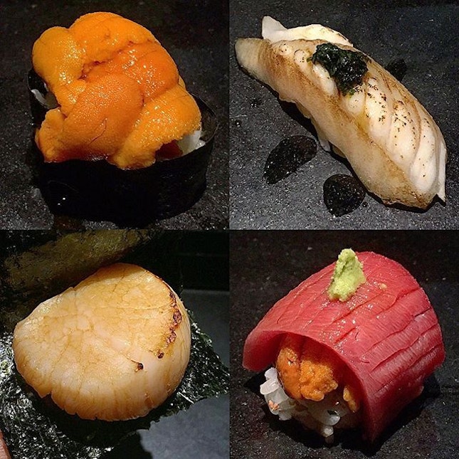 Four of my favorites: uni, aburi butterfly fish, grilled scallop and unitoro 🤓 #taipeifood #sashimi #burpple