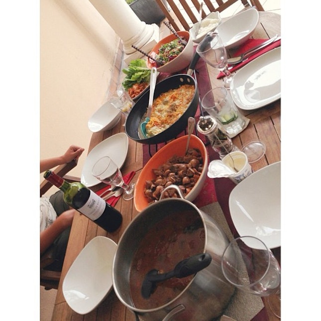 Dinner party with the housemates last night - Indonesian Peranakan semur beef stew, Filipino chicken adobe, Russian golubtsy stuffed cabbage, Thai salad and Korean bulgogi bbq beef.
