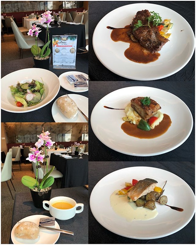 Weekday Executive Lunch ($29.80)
🍽
Garden Salad, Soup of the Day with raisins bread, Coffee/Tea
🍽
Pan-Seared Norwegian Salmon Fillet served with sautéed seasonal veg & baby potatoes with sage butter sauce
🍽
Australian Sirloin with red wine sauce
🍽
Crispy Pork Belly served with aged balsamic glaze, pork au jus with seasonal veg and garlic mashed potato
🍽
Verdict: Steak & Salmon over cooked, tough & dry.