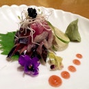 Second course of the omakase - Pacific saury sashimi with ume shisho sauce.