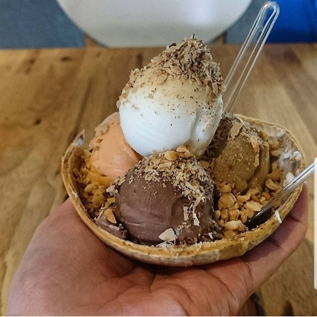 Ice Cream Served In A Coconut Shell
