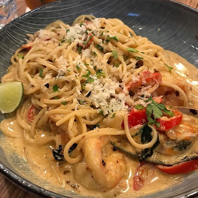 Creamy Shrimps and Mussels Pasta ($13.90) @refuelcafesg al dente spaghetti coated in lemongrass infused tom yam creamy sauce.