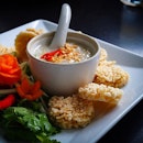 <Crispy rice crackers with simmered minced chicken & prawn in coconut milk $17.50>  My favourite dish at Sabai!