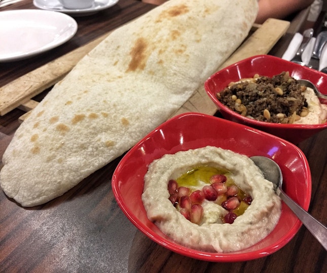 Pita Bread ($4), Hummus Kawerma ($9.90) & Baba Ghanoush ($7)