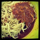 Mee Kia (thin flour noodles) with chili & braised duck sauce...not forgetting crisp pork lard bits #yum #love