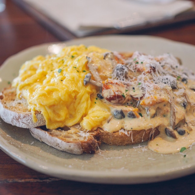 Mushrooms on Sourdough with Scrambled Eggs