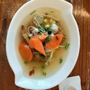 Lovely vegetarian herbal soup satisfies and comforts.