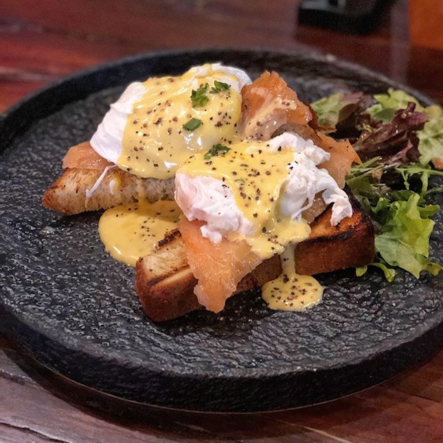 Rise and shine with a delicious plate of Eggs Benedict on smoked salmon and toast.
