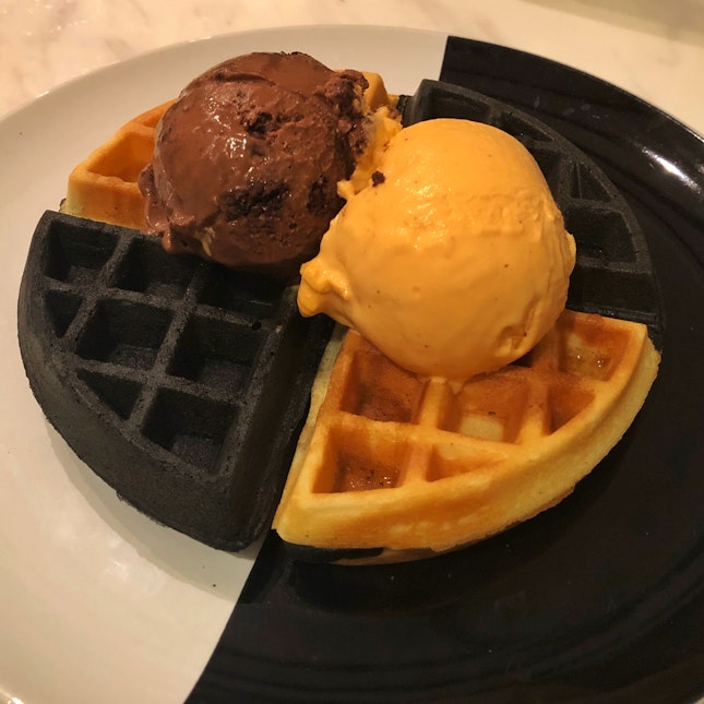 Yuanyang Waffle with chocolate fudge and Thai tea ice cream