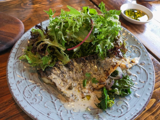 Grilled Mediterranean Seabass with Kailan and Lemon Caper Sauce ($26)