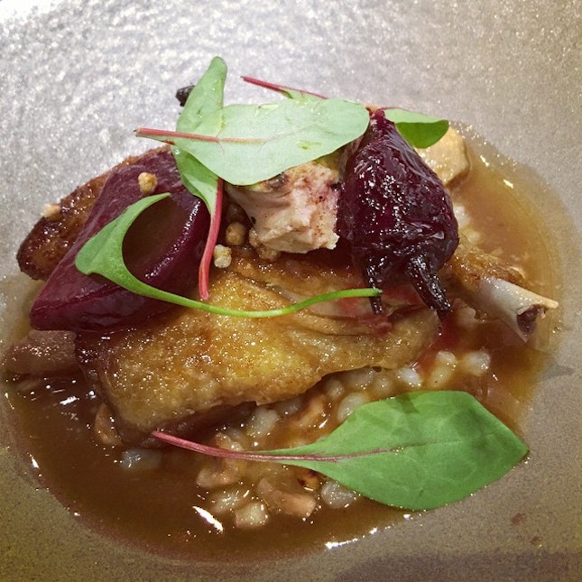 Duck Leg Confit with Barley Risotto, Green Grapes, Beetroots & Foie Gras infused Moscato Jus #burpple #saveurart