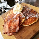 Pancakes with vanilla ice-cream, maple syrup and bacon #burpple #saporeespressobar