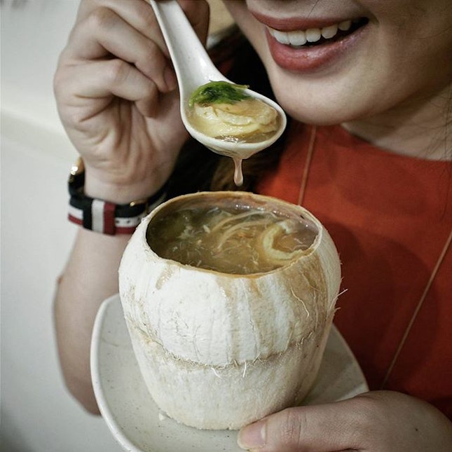 Fish Maw, Crab Meat and Abalone Soup simmered in Coconut [$28].