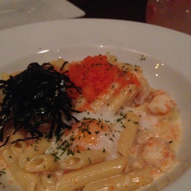 Pasta with Shrimp Roe and Onsen Egg in Cream Sauce #burple
